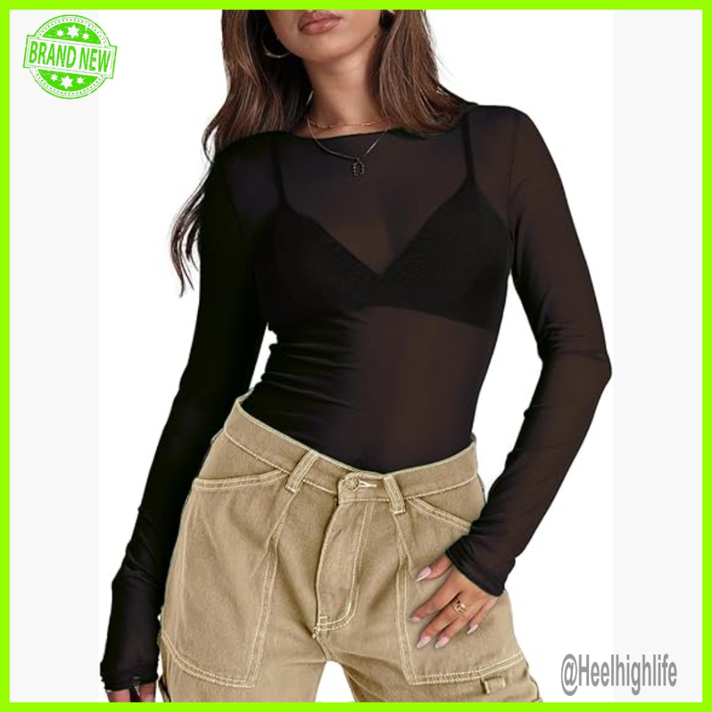 Mesh Sheer Long Sleeve T-Shirt Crew Neck Loose Fit Party Clubwear Top